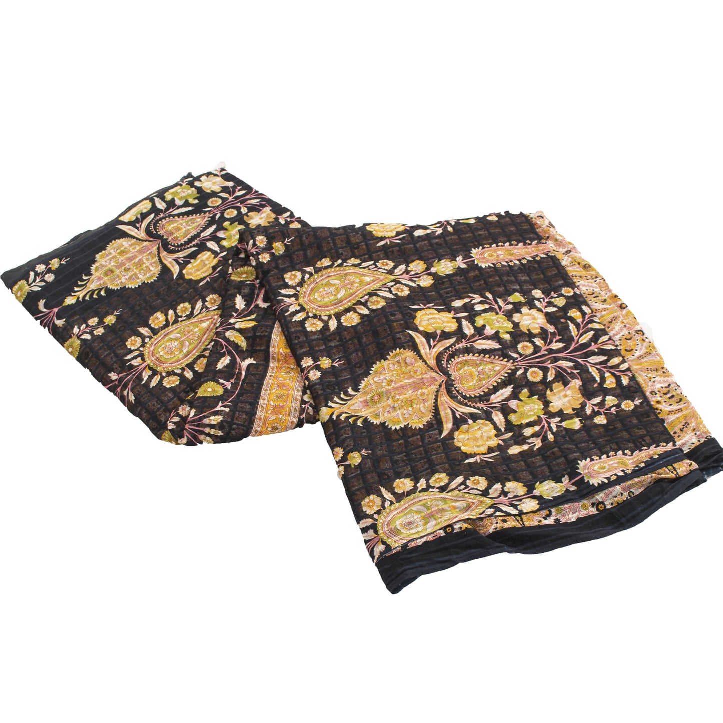 Sanskriti Vintage Sarees White & Yellow Pure Cotton Print Sari 5+yd Craft Fabric