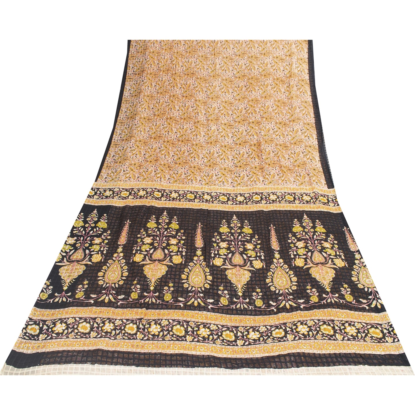 Sanskriti Vintage Sarees White & Yellow Pure Cotton Print Sari 5+yd Craft Fabric