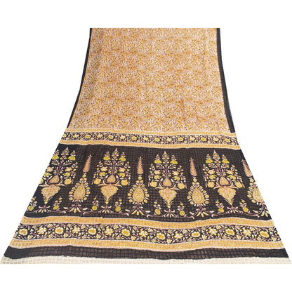 Sanskriti Vintage Sarees White & Yellow Pure Cotton Print Sari 5+yd Craft Fabric