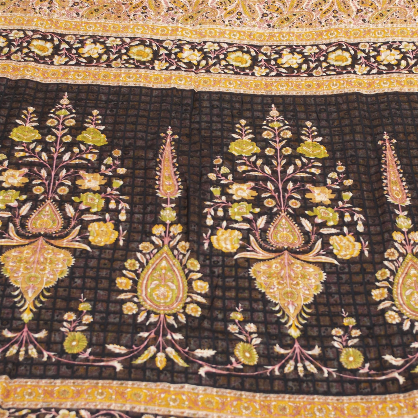 Sanskriti Vintage Sarees White & Yellow Pure Cotton Print Sari 5+yd Craft Fabric