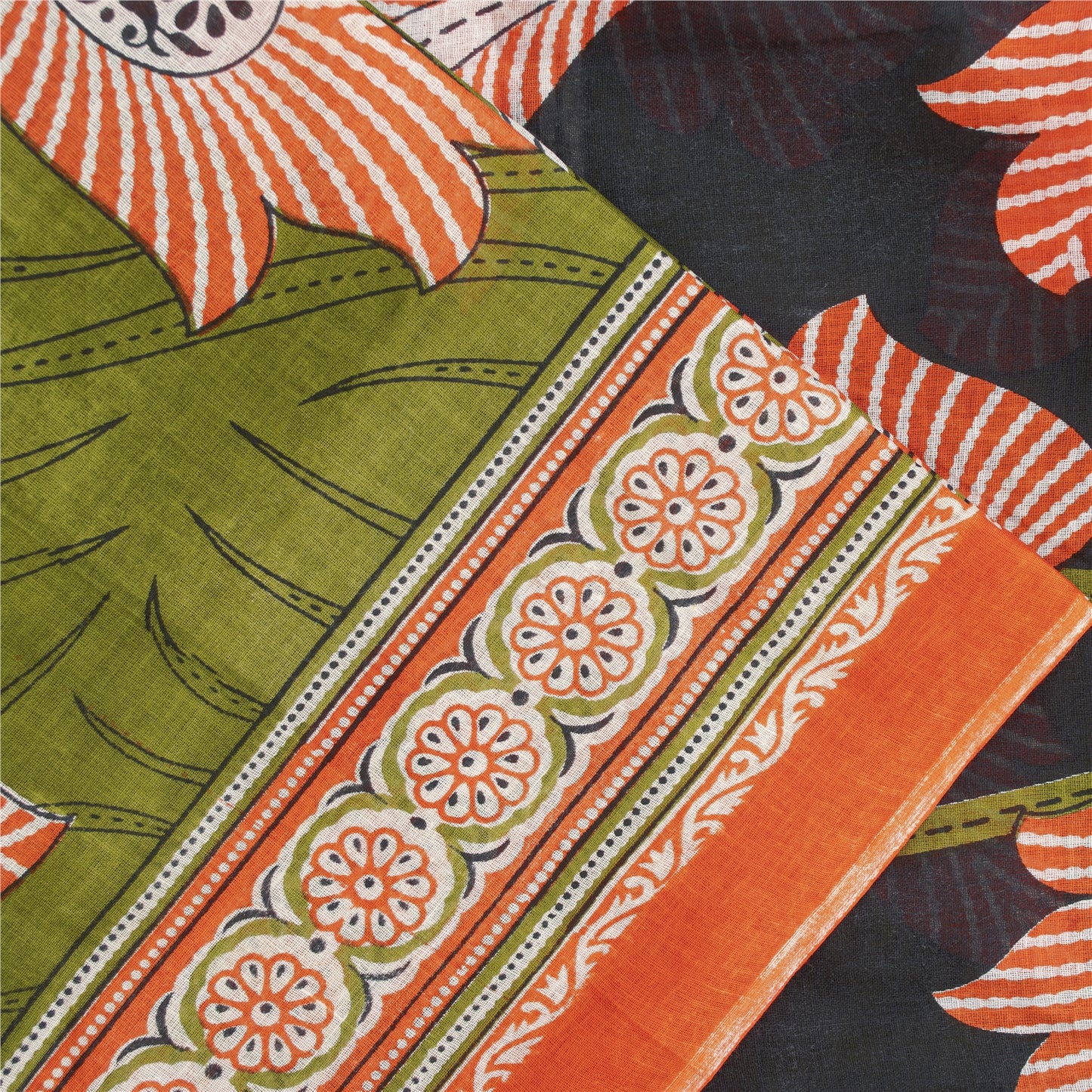 Sanskriti Vintage Sarees Indian Green Pure Cotton Printed Sari 5+yd Craft Fabric