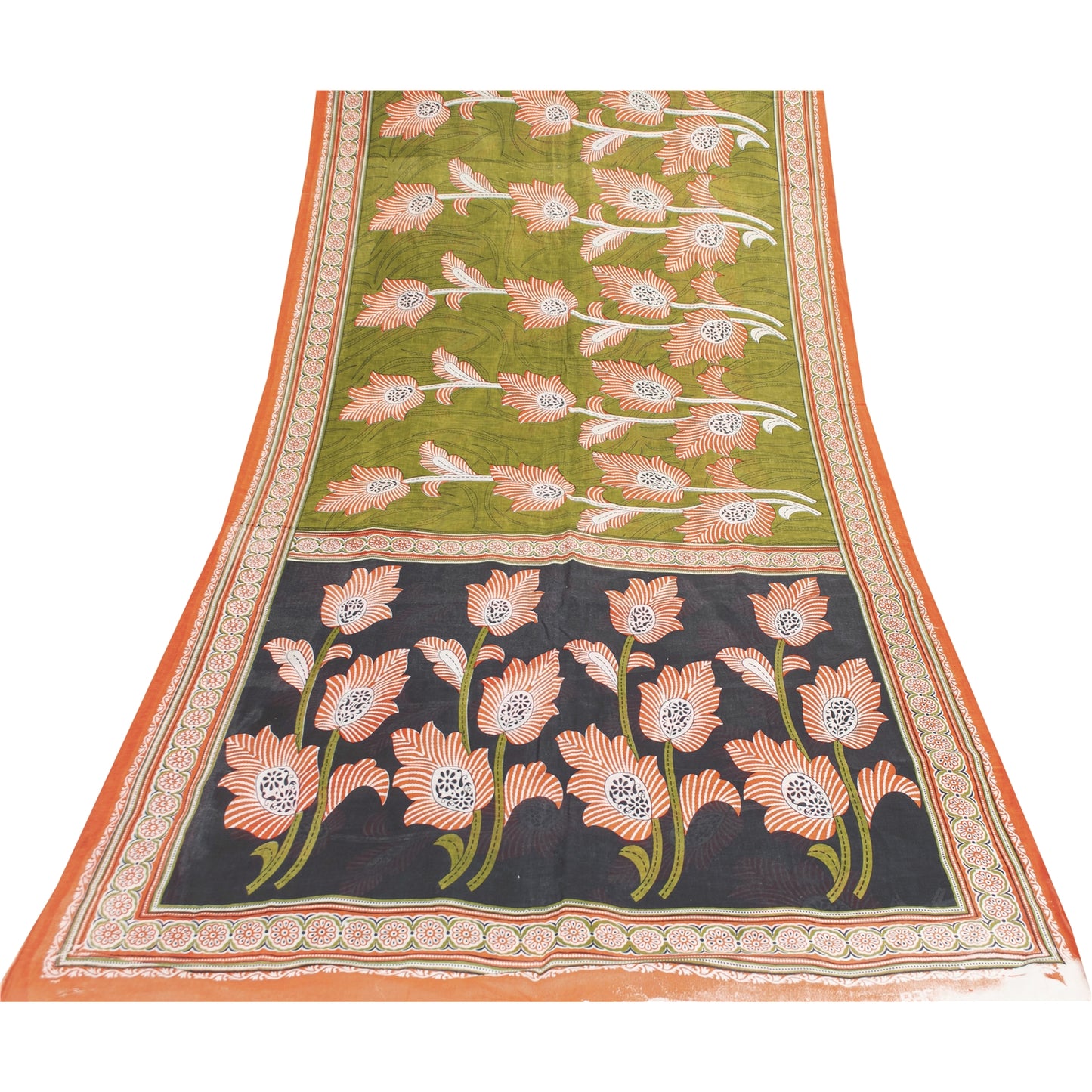 Sanskriti Vintage Sarees Indian Green Pure Cotton Printed Sari 5+yd Craft Fabric