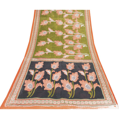 Sanskriti Vintage Sarees Indian Green Pure Cotton Printed Sari 5+yd Craft Fabric