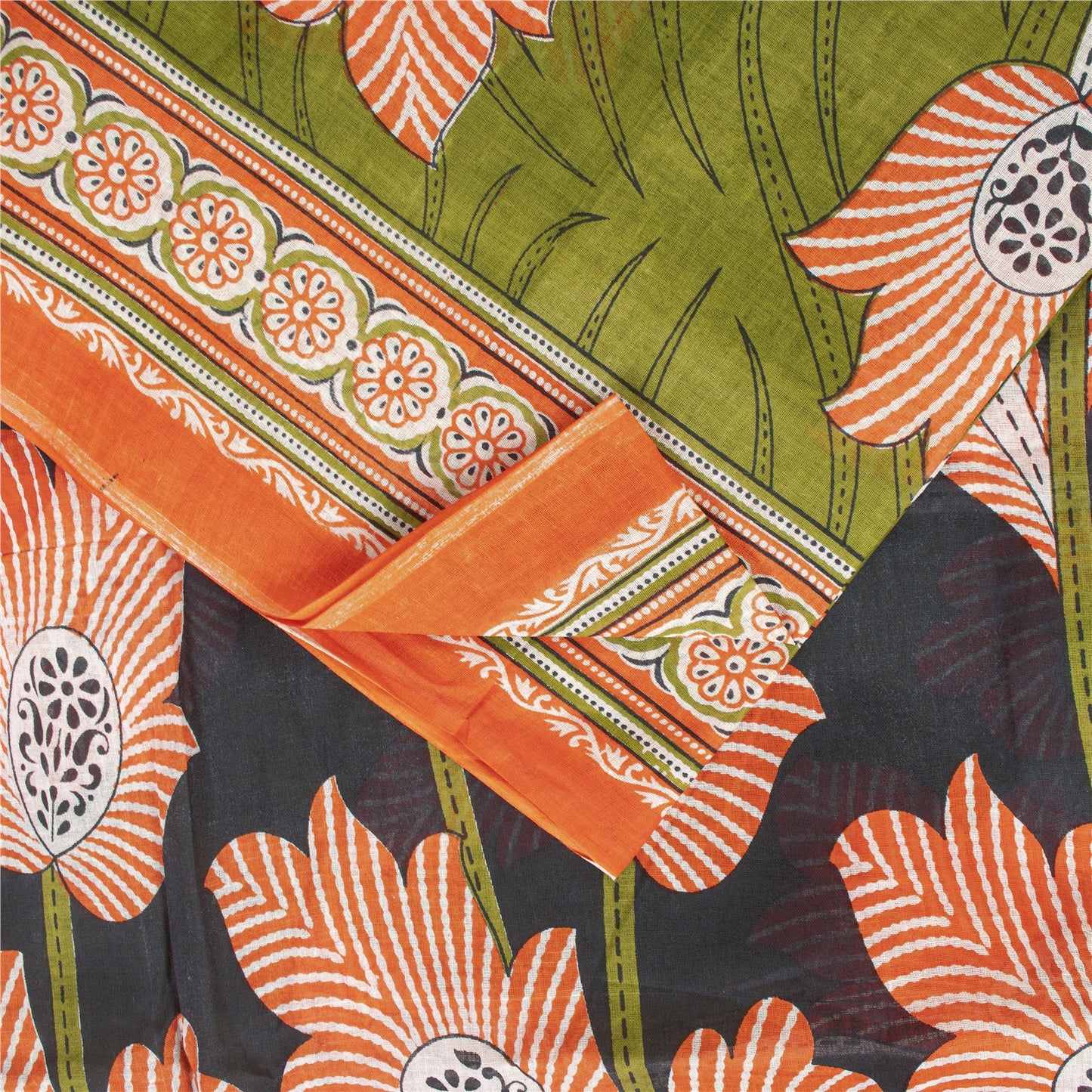 Sanskriti Vintage Sarees Indian Green Pure Cotton Printed Sari 5+yd Craft Fabric