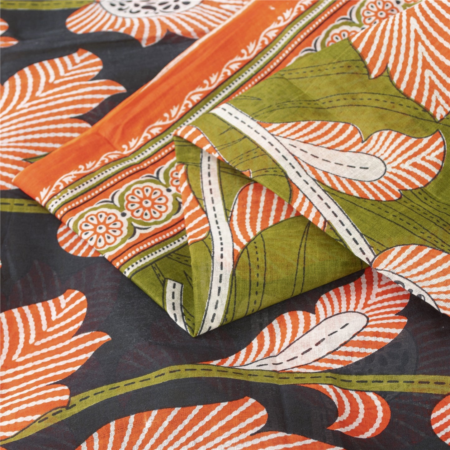 Sanskriti Vintage Sarees Indian Green Pure Cotton Printed Sari 5+yd Craft Fabric