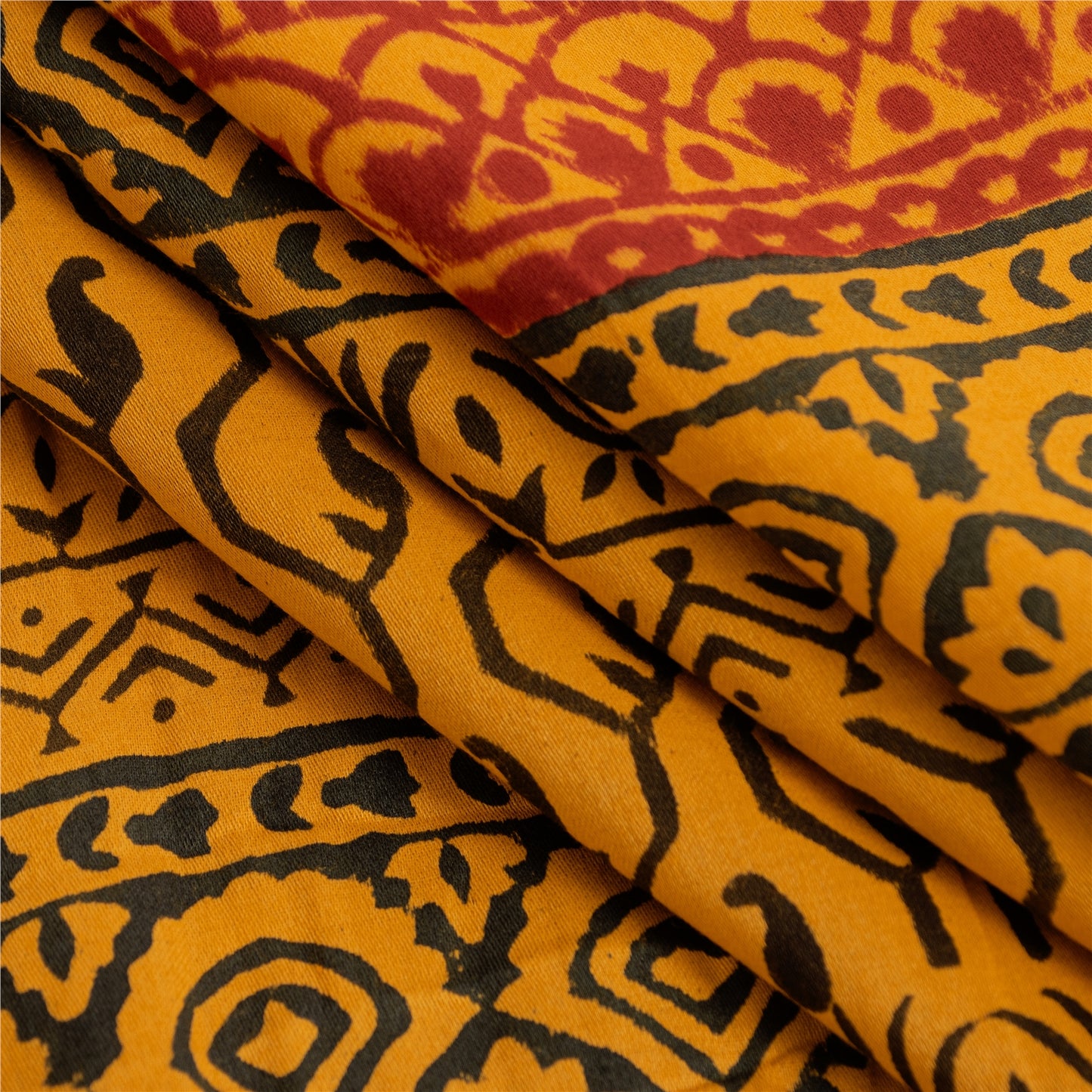 Sanskriti Vintage Sarees Black & Yellow Pure Cotton Print Sari 5+yd Craft Fabric