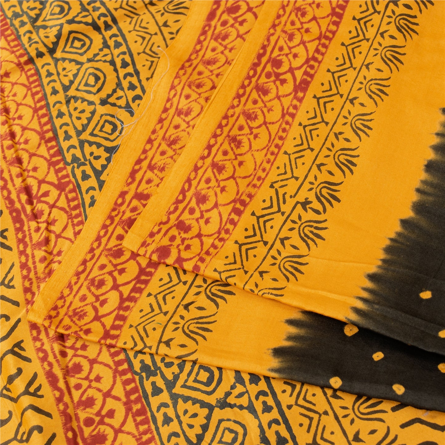 Sanskriti Vintage Sarees Black & Yellow Pure Cotton Print Sari 5+yd Craft Fabric