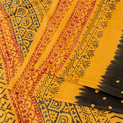 Sanskriti Vintage Sarees Black & Yellow Pure Cotton Print Sari 5+yd Craft Fabric