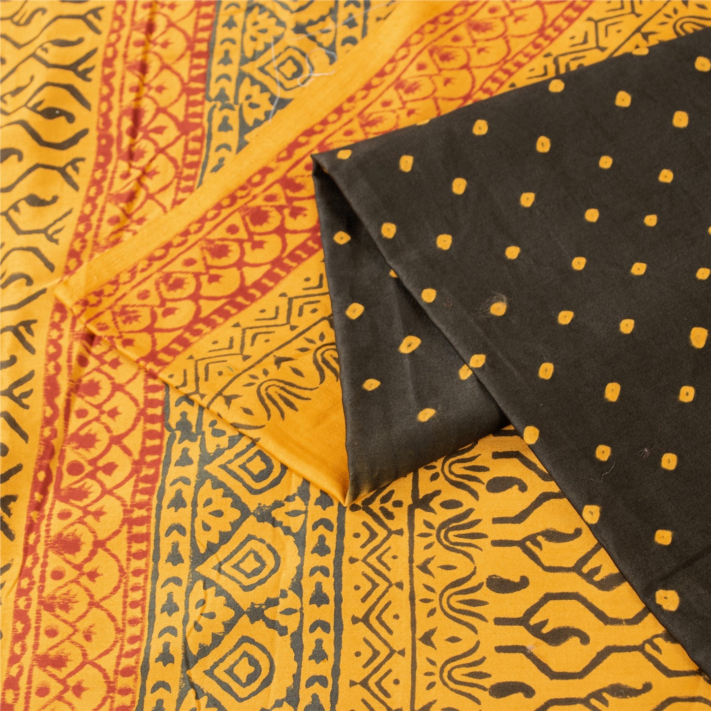 Sanskriti Vintage Sarees Black & Yellow Pure Cotton Print Sari 5+yd Craft Fabric