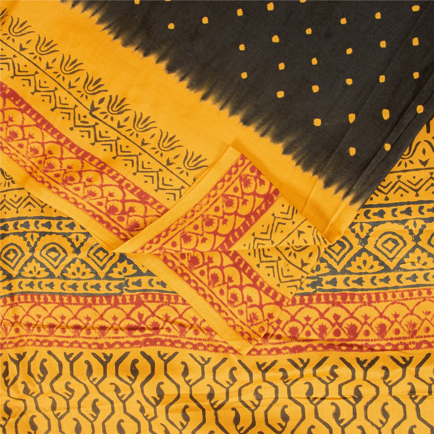 Sanskriti Vintage Sarees Black & Yellow Pure Cotton Print Sari 5+yd Craft Fabric