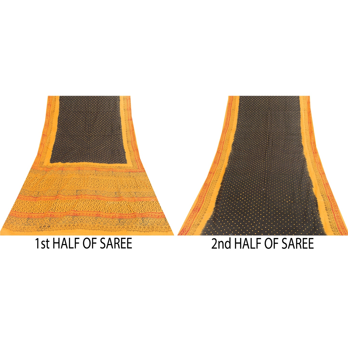 Sanskriti Vintage Sarees Black & Yellow Pure Cotton Print Sari 5+yd Craft Fabric