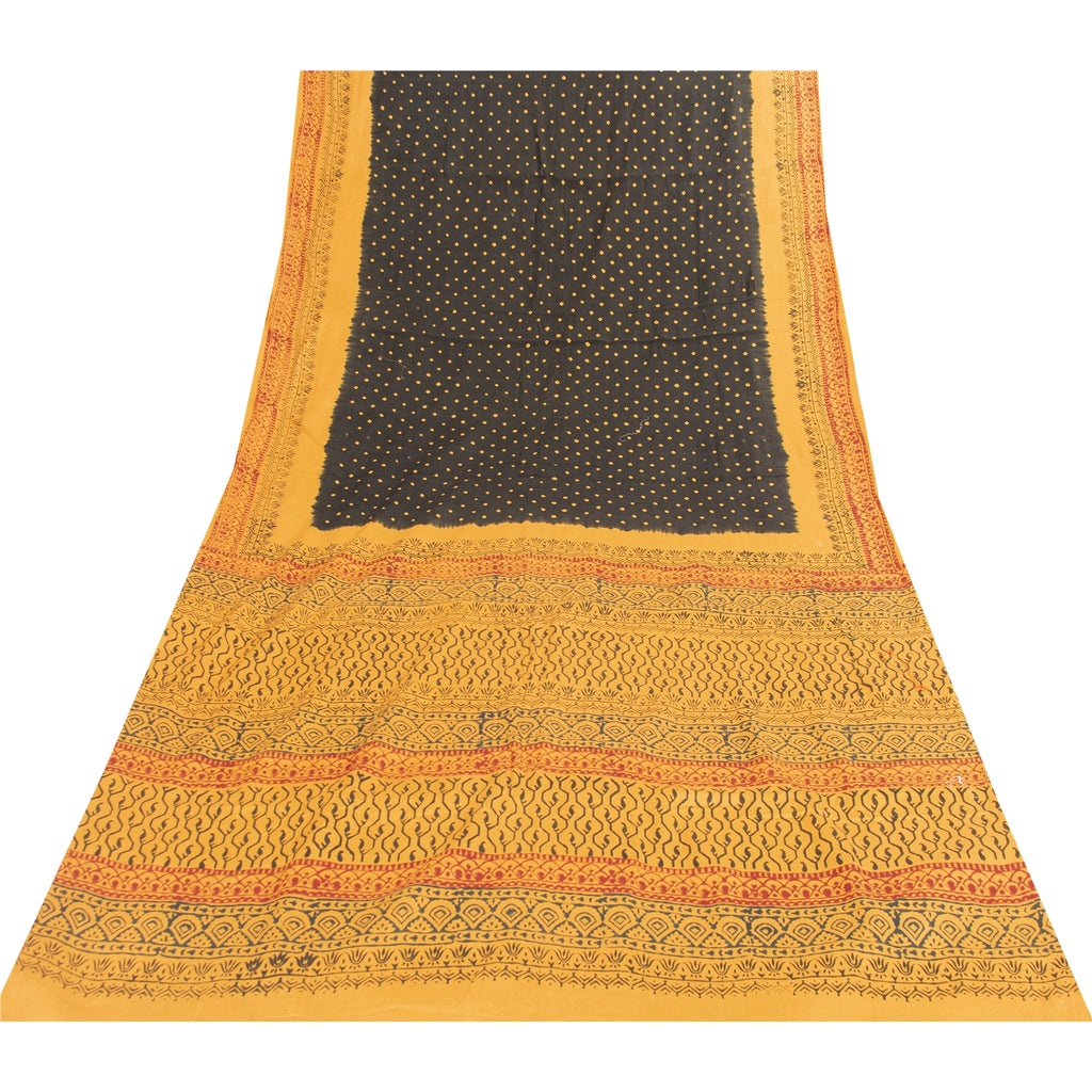 Sanskriti Vintage Sarees Black & Yellow Pure Cotton Print Sari 5+yd Craft Fabric