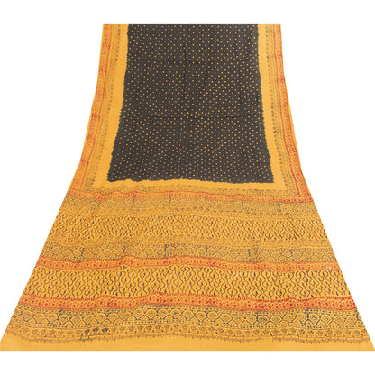 Sanskriti Vintage Sarees Black & Yellow Pure Cotton Print Sari 5+yd Craft Fabric