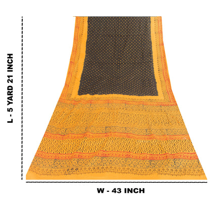 Sanskriti Vintage Sarees Black & Yellow Pure Cotton Print Sari 5+yd Craft Fabric