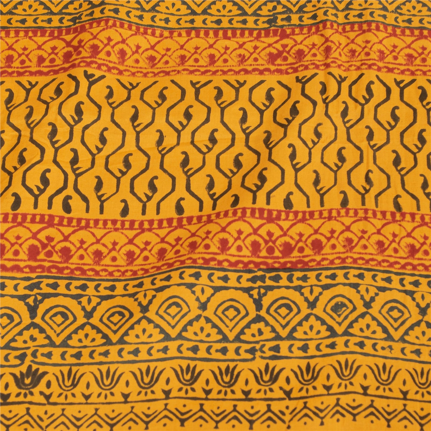 Sanskriti Vintage Sarees Black & Yellow Pure Cotton Print Sari 5+yd Craft Fabric