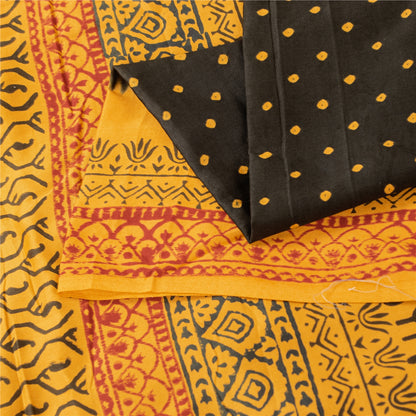 Sanskriti Vintage Sarees Black & Yellow Pure Cotton Print Sari 5+yd Craft Fabric