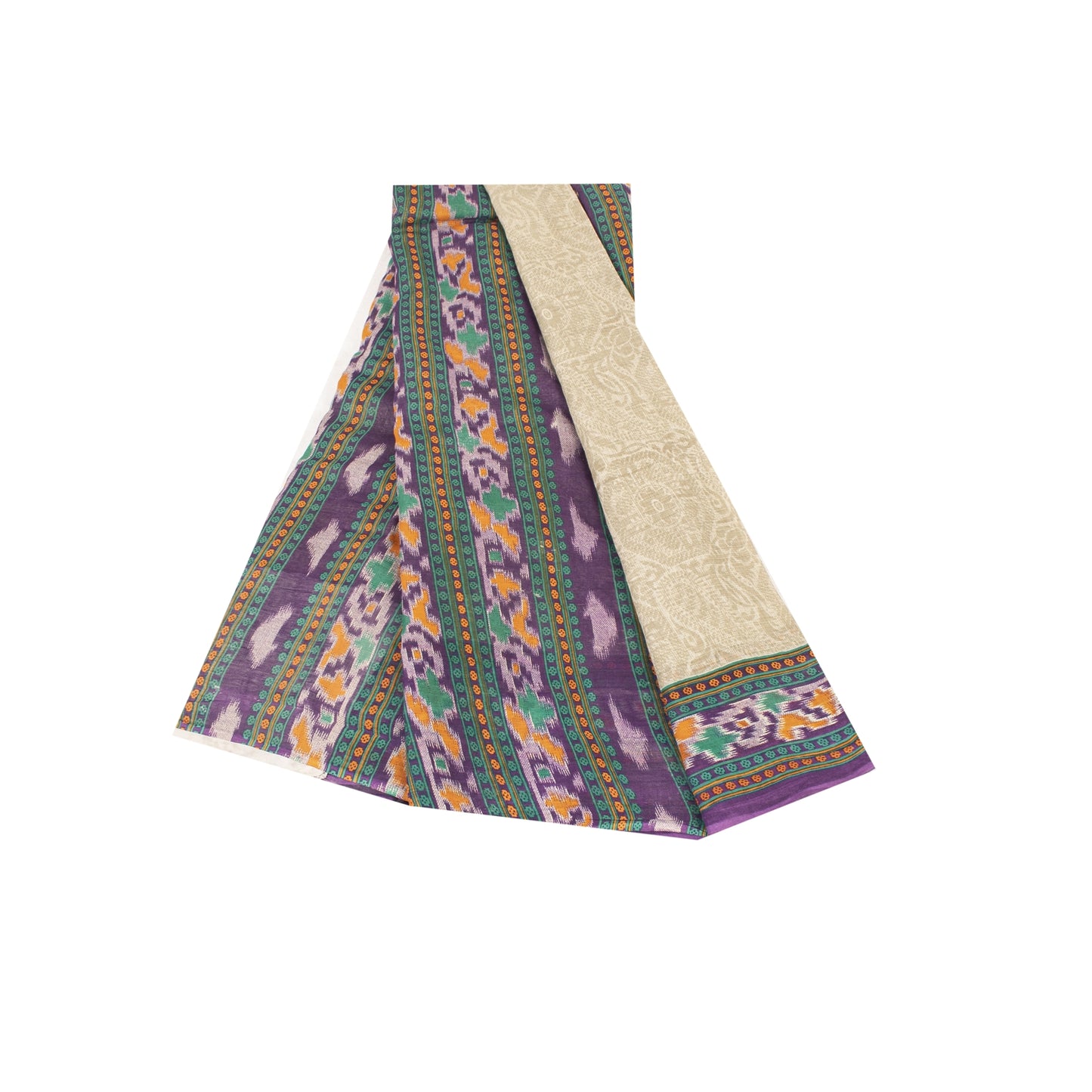 Sanskriti Vintage Sarees Pale Cream Pure Cotton Patola Printed Sari 5+yd Fabric