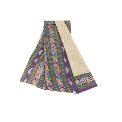 Sanskriti Vintage Sarees Pale Cream Pure Cotton Patola Printed Sari 5+yd Fabric