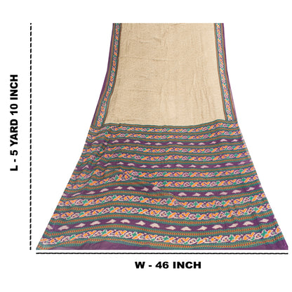Sanskriti Vintage Sarees Pale Cream Pure Cotton Patola Printed Sari 5+yd Fabric