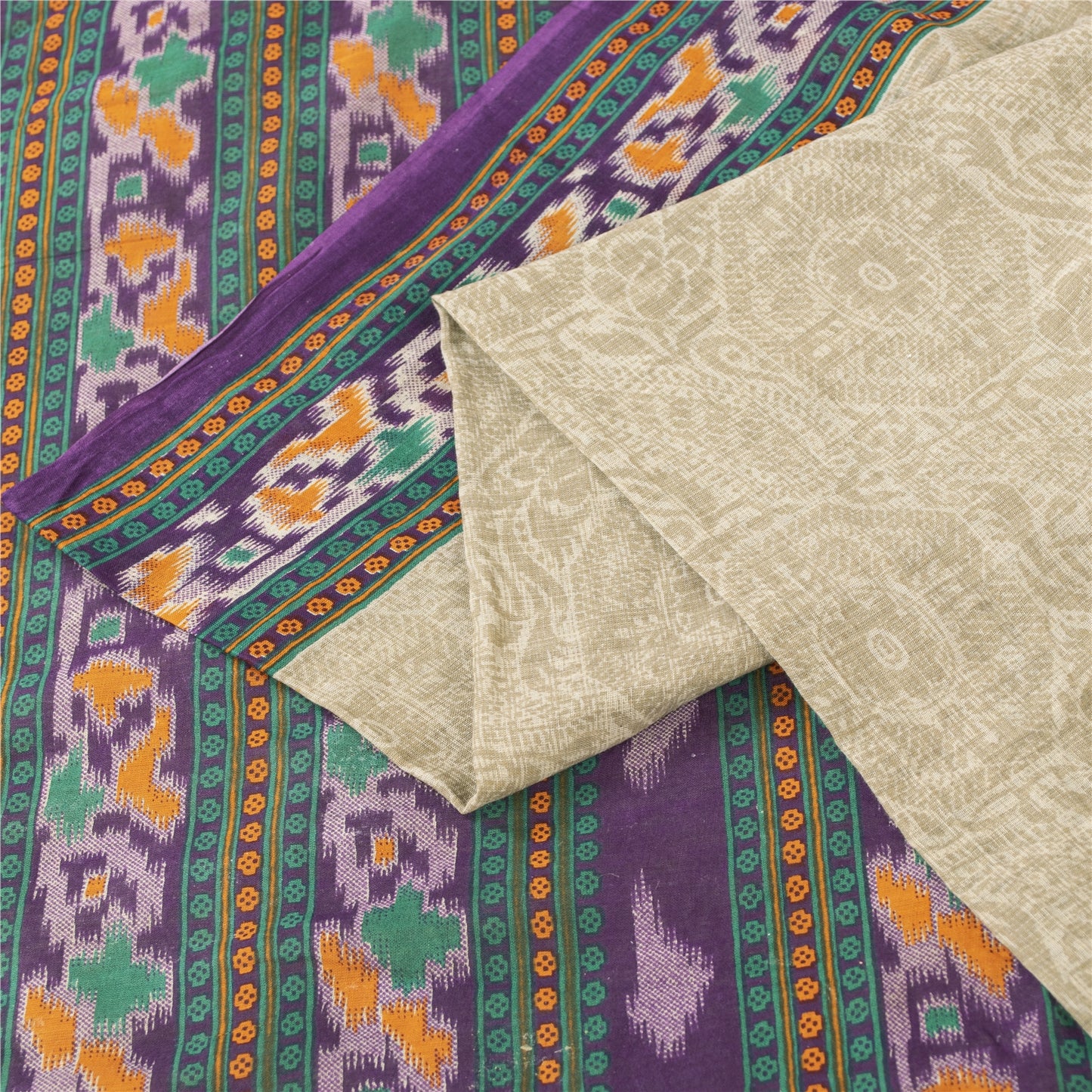 Sanskriti Vintage Sarees Pale Cream Pure Cotton Patola Printed Sari 5+yd Fabric