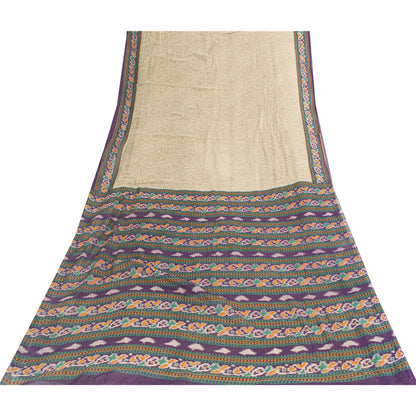 Sanskriti Vintage Sarees Pale Cream Pure Cotton Patola Printed Sari 5+yd Fabric