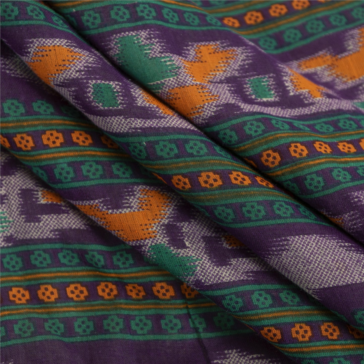 Sanskriti Vintage Sarees Pale Cream Pure Cotton Patola Printed Sari 5+yd Fabric