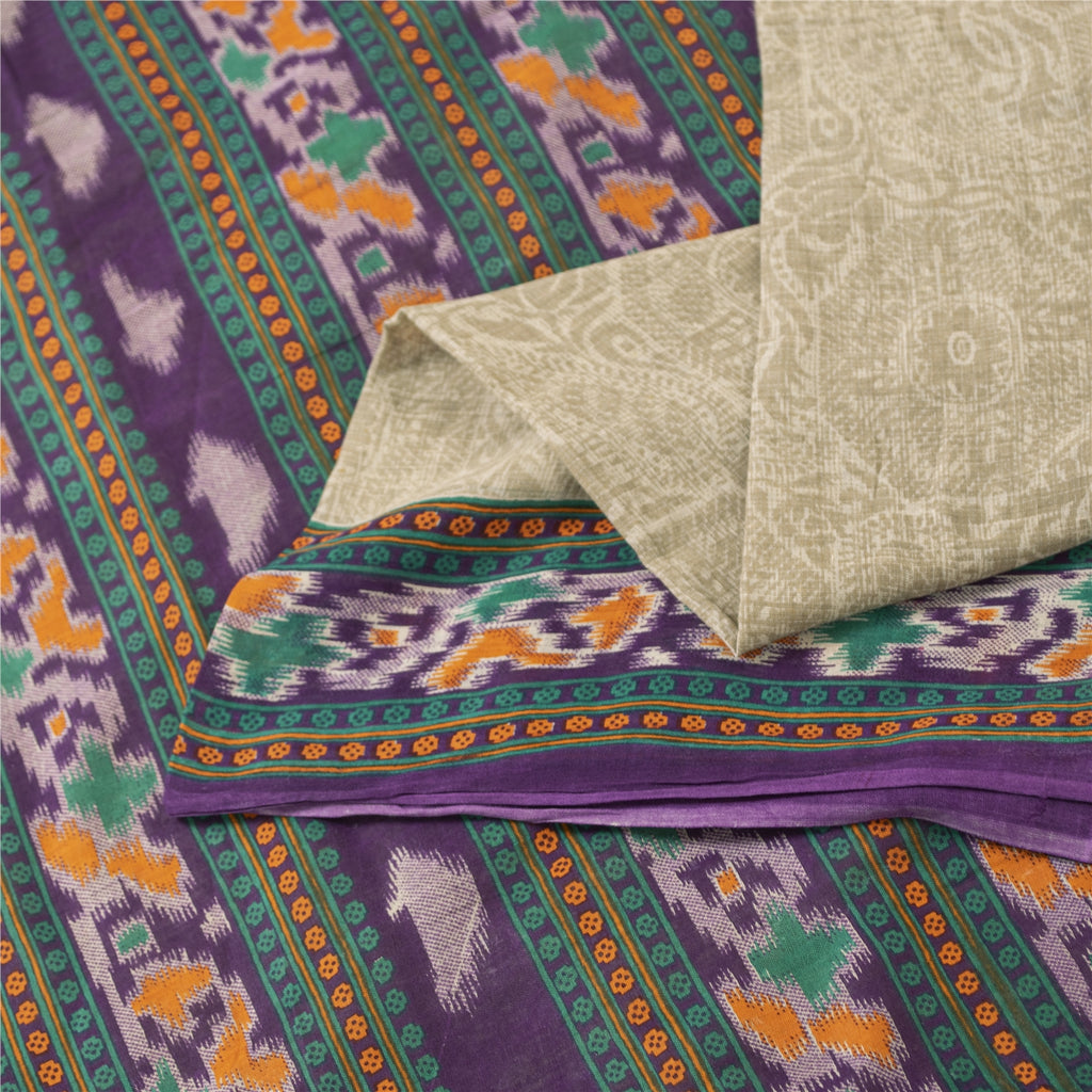 Sanskriti Vintage Sarees Pale Cream Pure Cotton Patola Printed Sari 5+yd Fabric