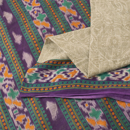 Sanskriti Vintage Sarees Pale Cream Pure Cotton Patola Printed Sari 5+yd Fabric