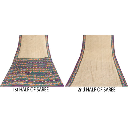 Sanskriti Vintage Sarees Pale Cream Pure Cotton Patola Printed Sari 5+yd Fabric