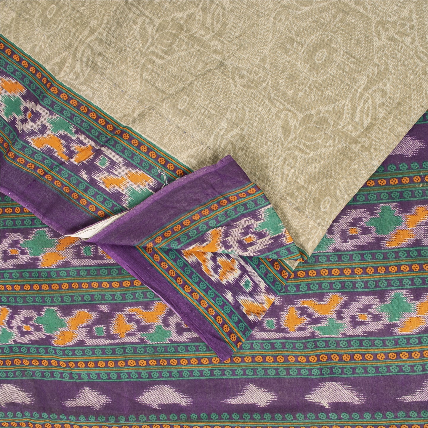 Sanskriti Vintage Sarees Pale Cream Pure Cotton Patola Printed Sari 5+yd Fabric