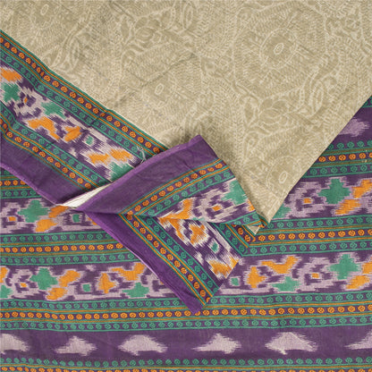 Sanskriti Vintage Sarees Pale Cream Pure Cotton Patola Printed Sari 5+yd Fabric