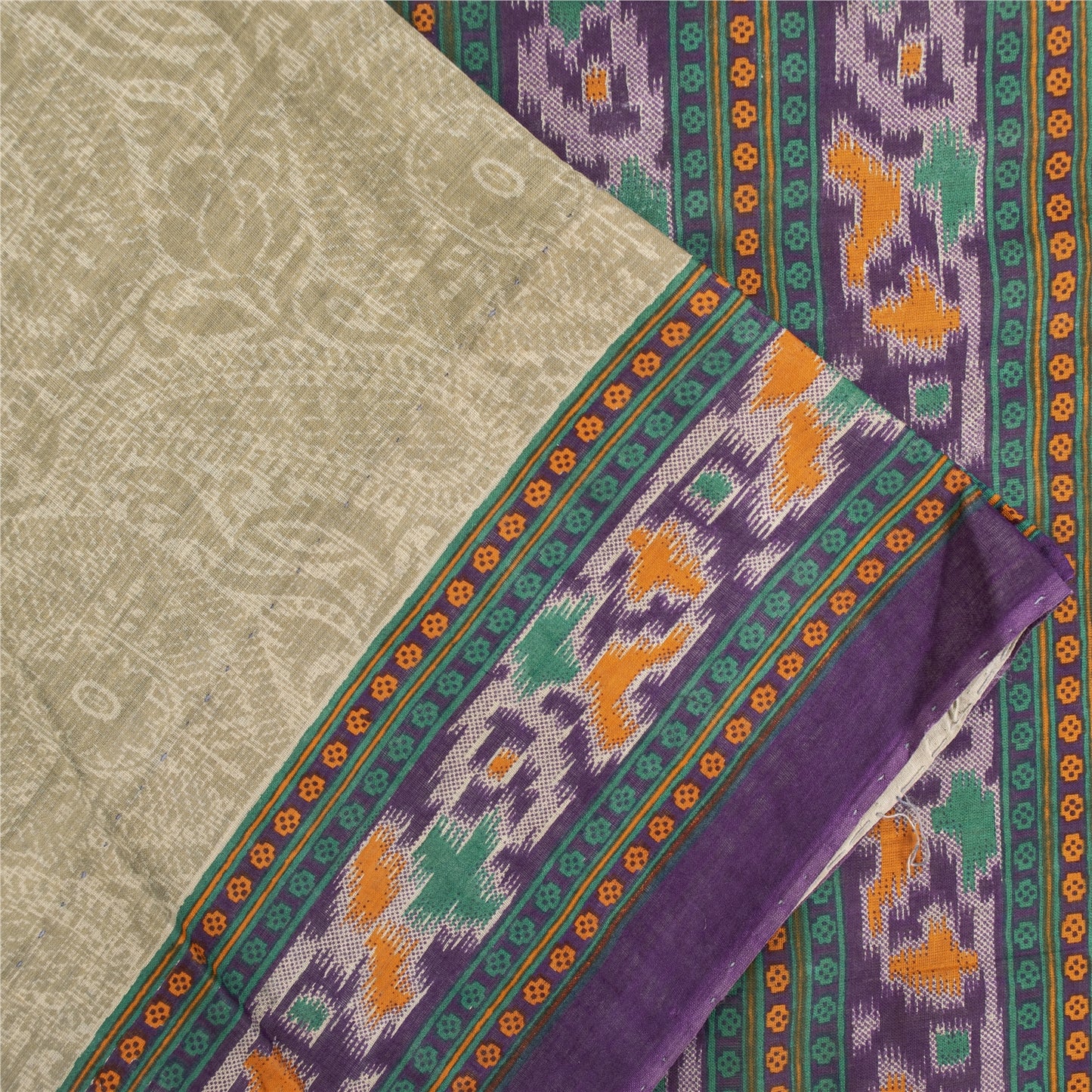 Sanskriti Vintage Sarees Pale Cream Pure Cotton Patola Printed Sari 5+yd Fabric