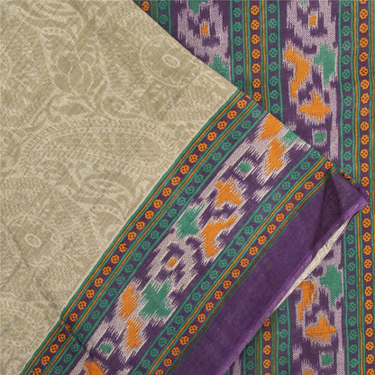 Sanskriti Vintage Sarees Pale Cream Pure Cotton Patola Printed Sari 5+yd Fabric