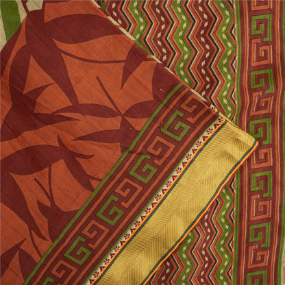 Sanskriti Vintage Sarees Cream Pure Cotton GeometricPrint Sari 5+yd Craft Fabric