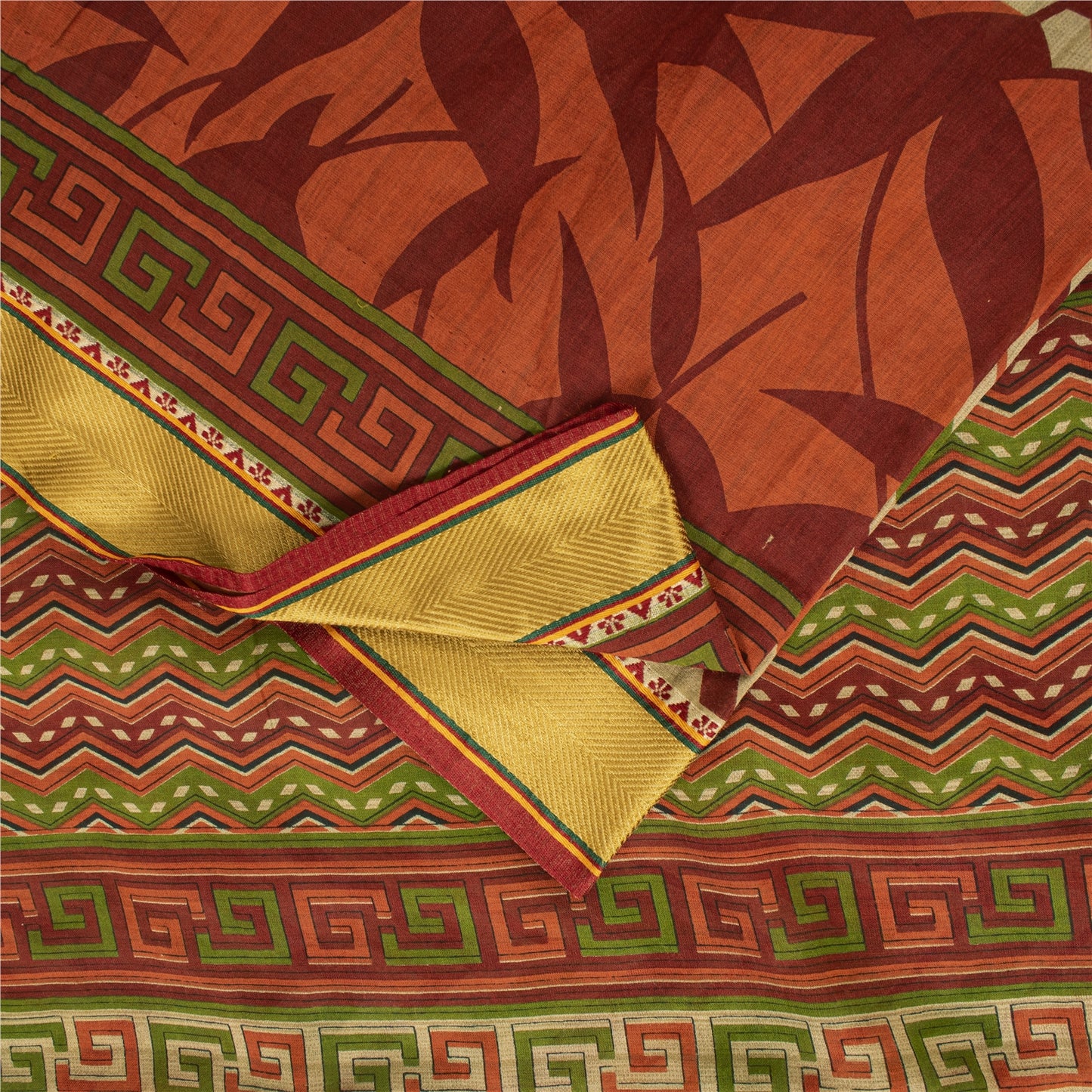 Sanskriti Vintage Sarees Cream Pure Cotton GeometricPrint Sari 5+yd Craft Fabric