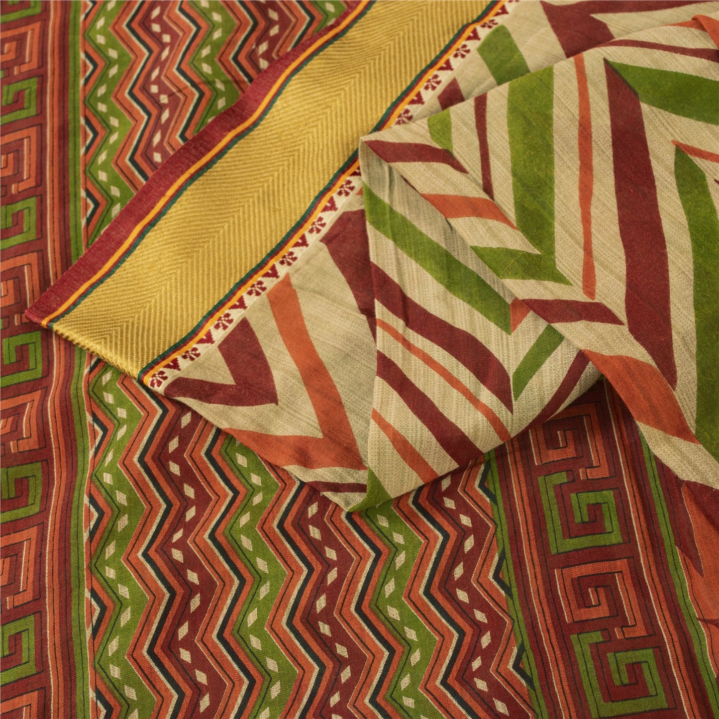 Sanskriti Vintage Sarees Cream Pure Cotton GeometricPrint Sari 5+yd Craft Fabric