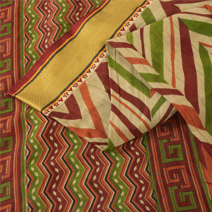 Sanskriti Vintage Sarees Cream Pure Cotton GeometricPrint Sari 5+yd Craft Fabric