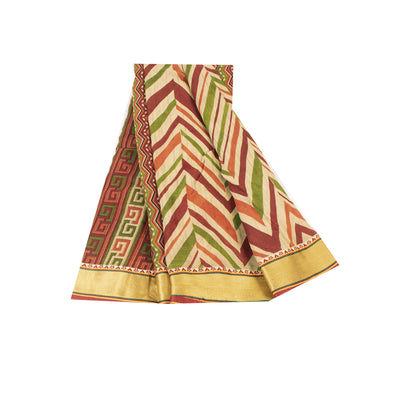 Sanskriti Vintage Sarees Cream Pure Cotton GeometricPrint Sari 5+yd Craft Fabric