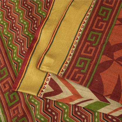 Sanskriti Vintage Sarees Cream Pure Cotton GeometricPrint Sari 5+yd Craft Fabric