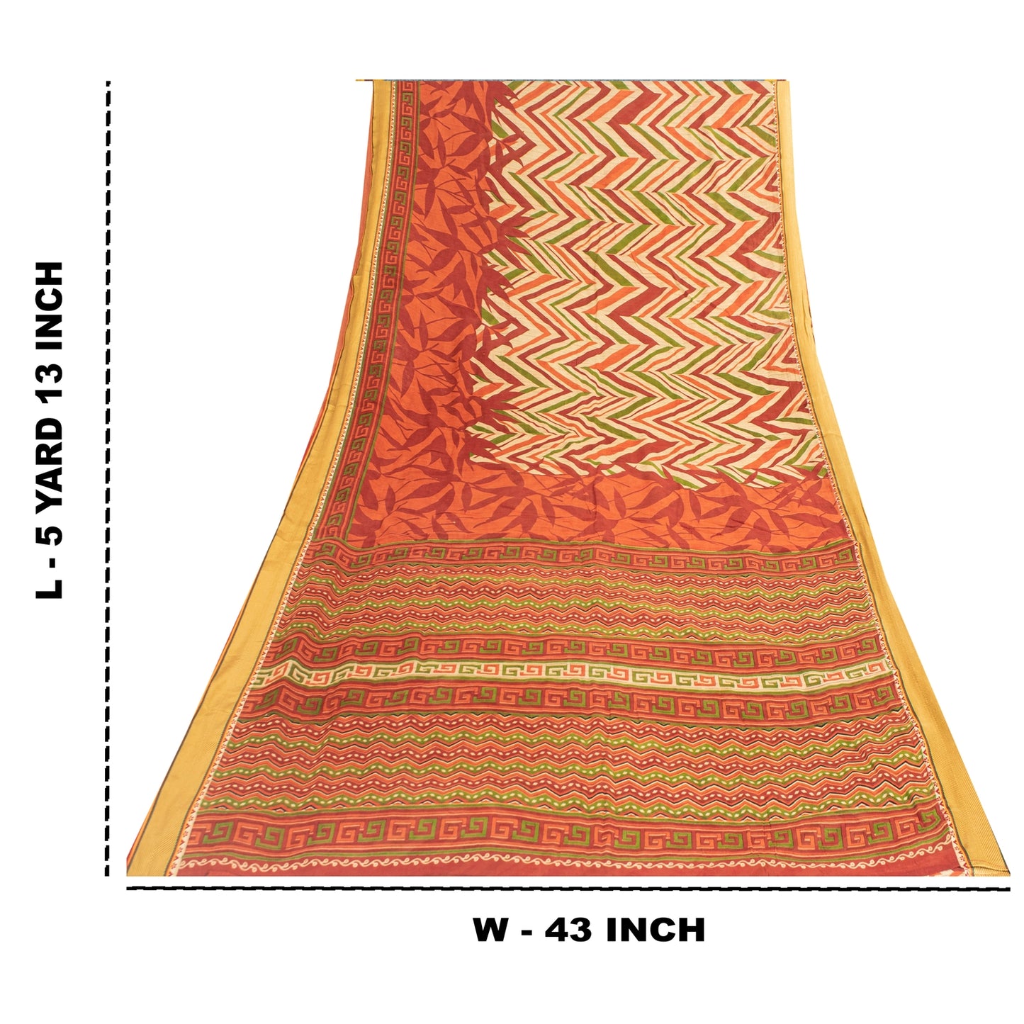 Sanskriti Vintage Sarees Cream Pure Cotton GeometricPrint Sari 5+yd Craft Fabric