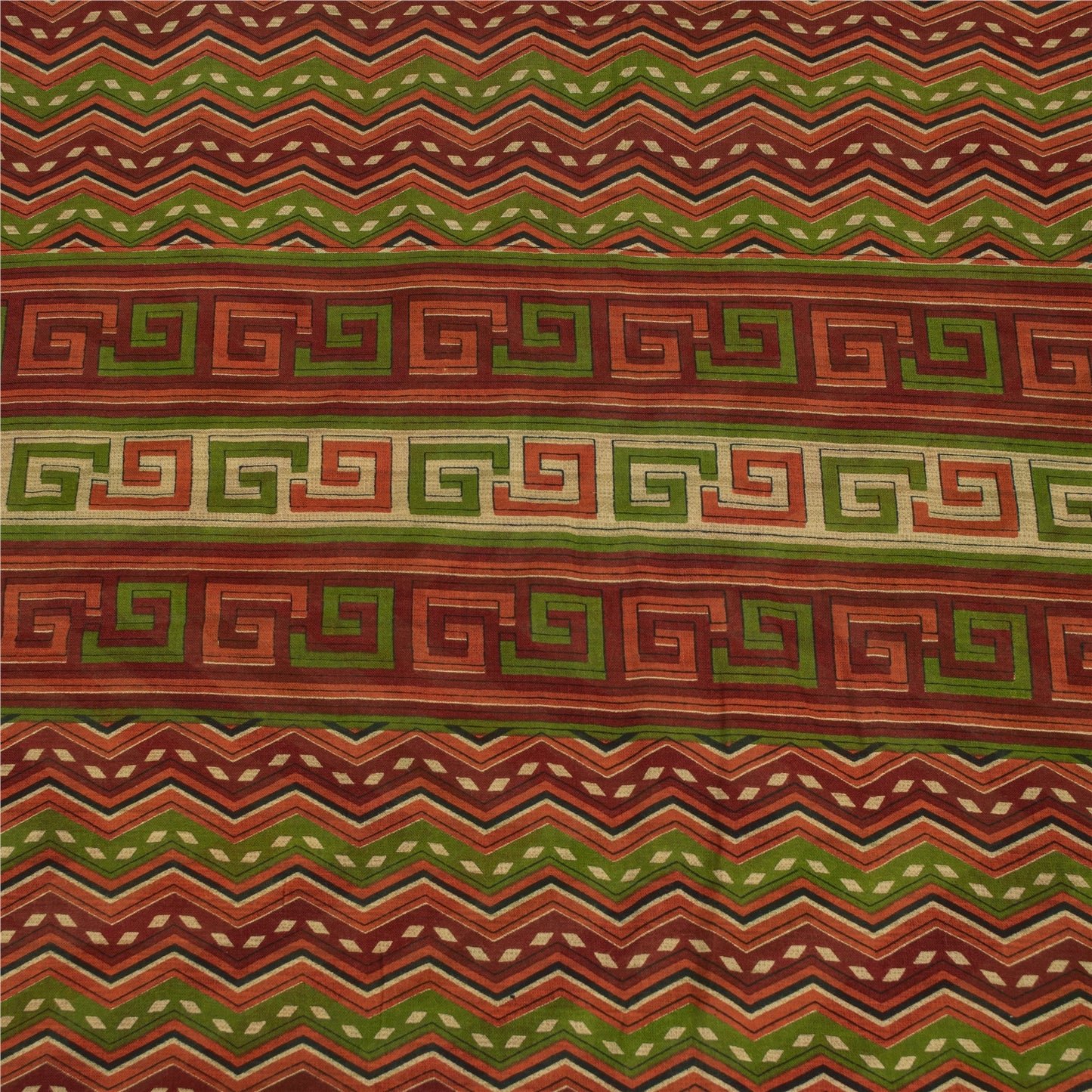 Sanskriti Vintage Sarees Cream Pure Cotton GeometricPrint Sari 5+yd Craft Fabric