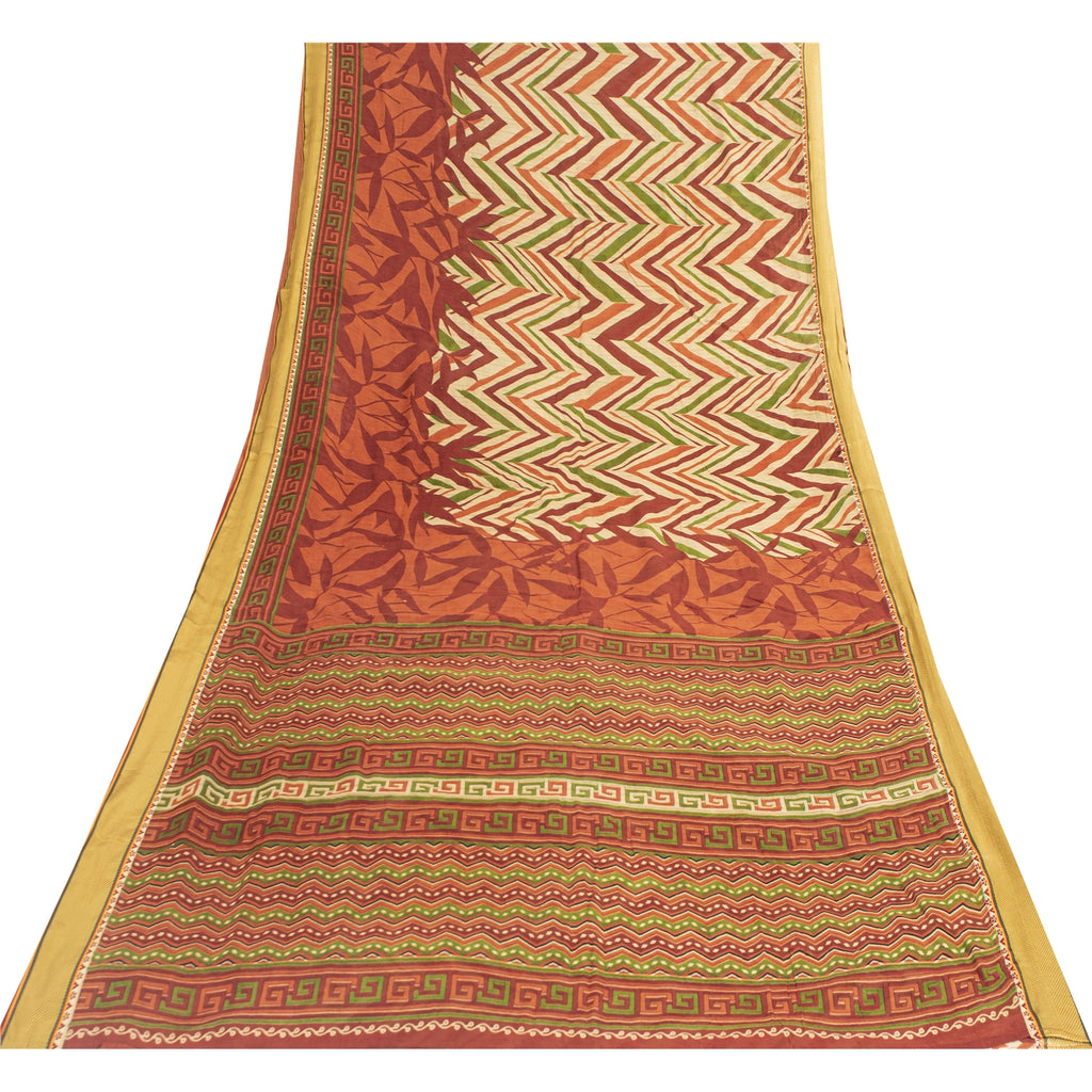 Sanskriti Vintage Sarees Cream Pure Cotton GeometricPrint Sari 5+yd Craft Fabric