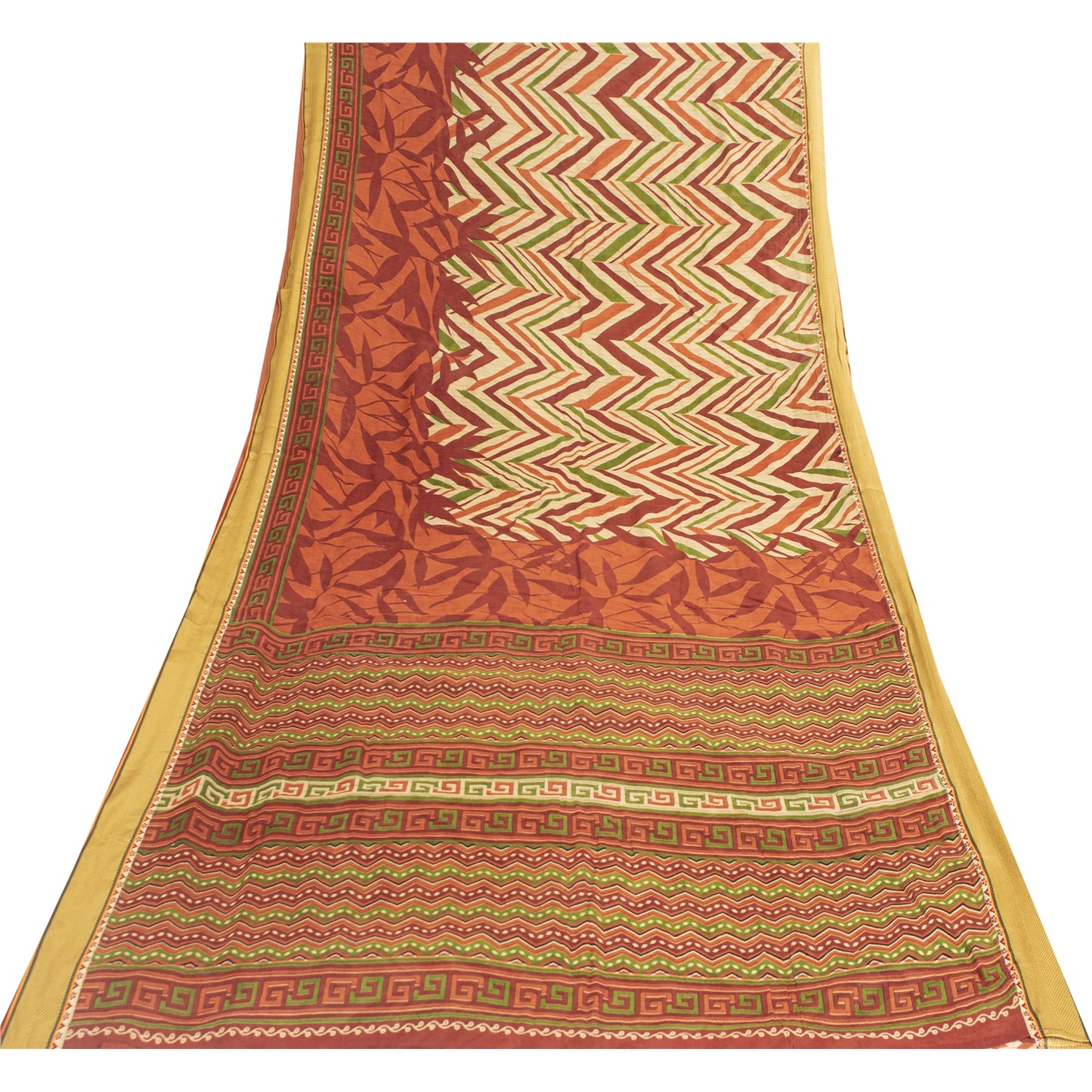 Sanskriti Vintage Sarees Cream Pure Cotton GeometricPrint Sari 5+yd Craft Fabric