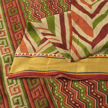 Sanskriti Vintage Sarees Cream Pure Cotton GeometricPrint Sari 5+yd Craft Fabric