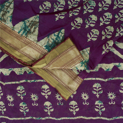 Sanskriti Vintage Sarees Purple Pure Cotton Batik Printed Sari 5+yd Craft Fabric