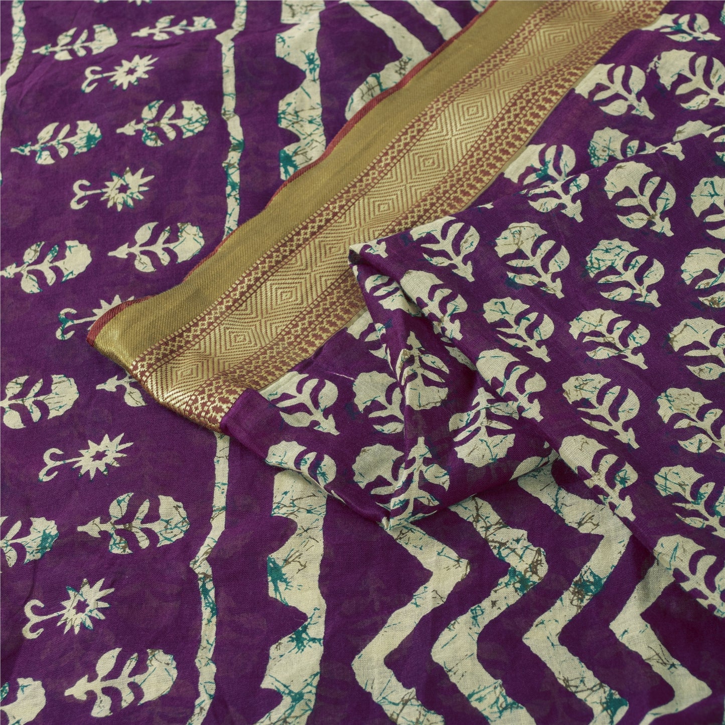 Sanskriti Vintage Sarees Purple Pure Cotton Batik Printed Sari 5+yd Craft Fabric