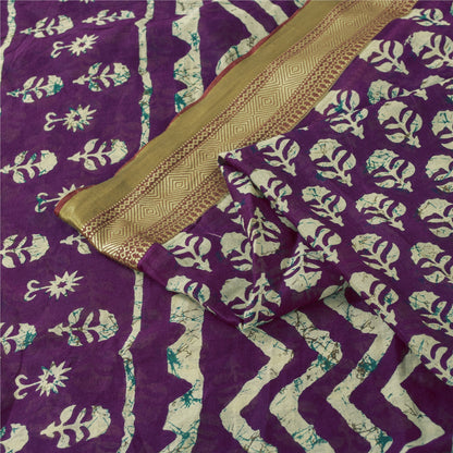 Sanskriti Vintage Sarees Purple Pure Cotton Batik Printed Sari 5+yd Craft Fabric