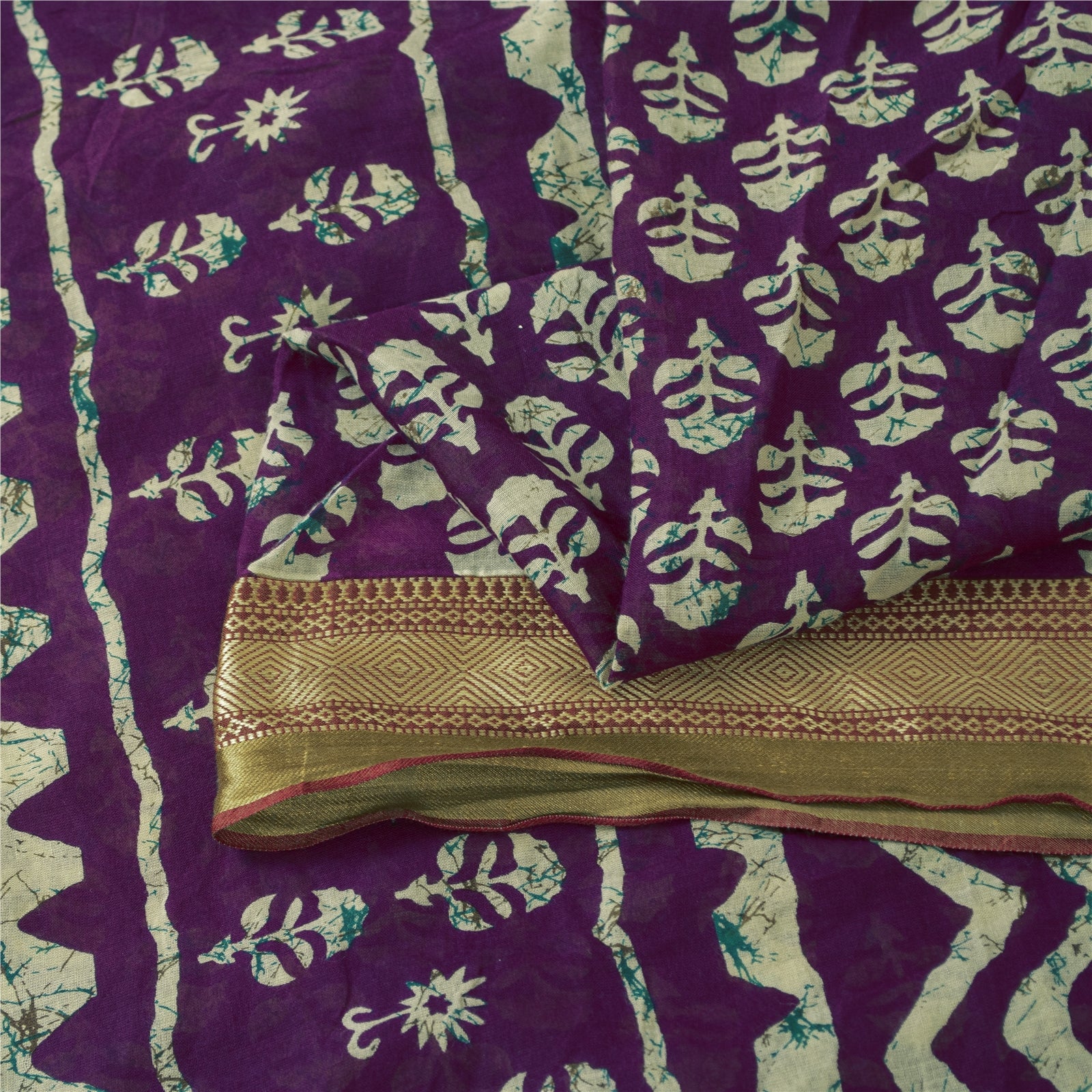 Sanskriti Vintage Sarees Purple Pure Cotton Batik Printed Sari 5+yd Craft Fabric