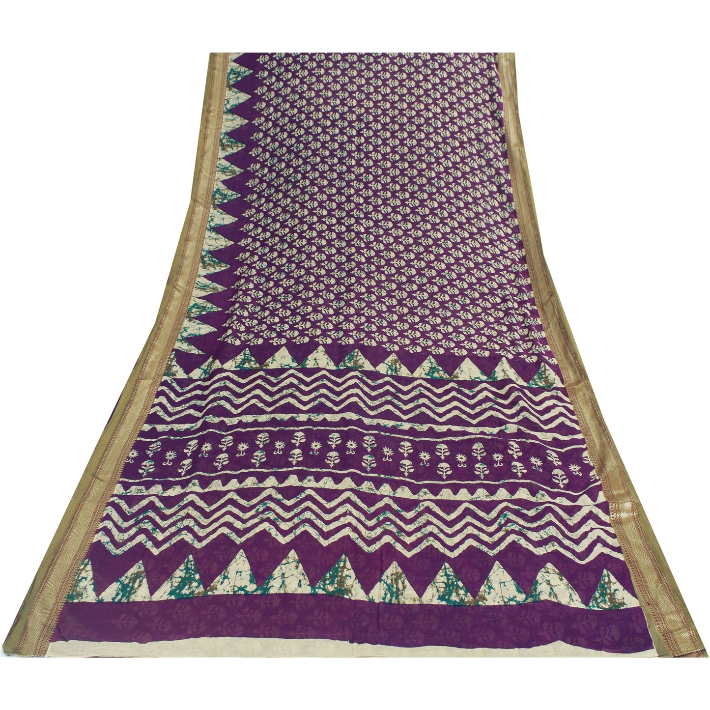 Sanskriti Vintage Sarees Purple Pure Cotton Batik Printed Sari 5+yd Craft Fabric