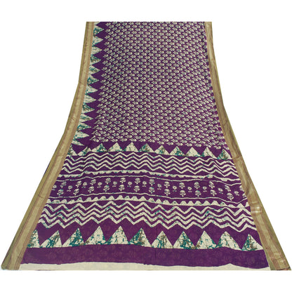 Sanskriti Vintage Sarees Purple Pure Cotton Batik Printed Sari 5+yd Craft Fabric